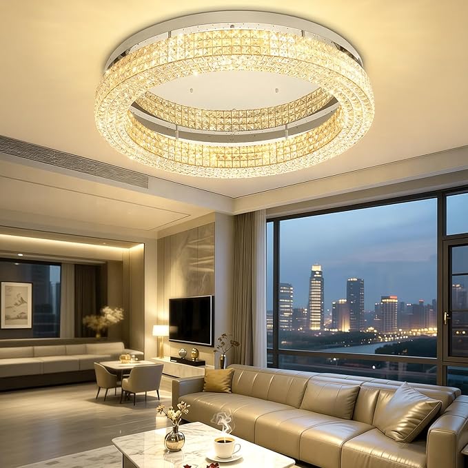 ykolupty 40'' Crystal Chandelier Light Fixture Large Chandelier for Living Room Crystal Flat Mounted Ceiling Lights Dining Room Bedroom Dimmable 2700-6000K