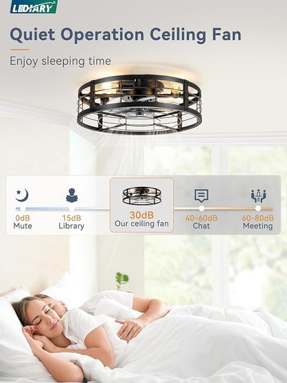LEDIARY 20" Caged Ceiling Fan with Light and Remote, Low Profile Flush Mount Fandelier, Black Bladeless Enclosed Small Fan Lights Ceiling Fixtures, Rustic Farmhouse Style for Bedroom, Outdoor
