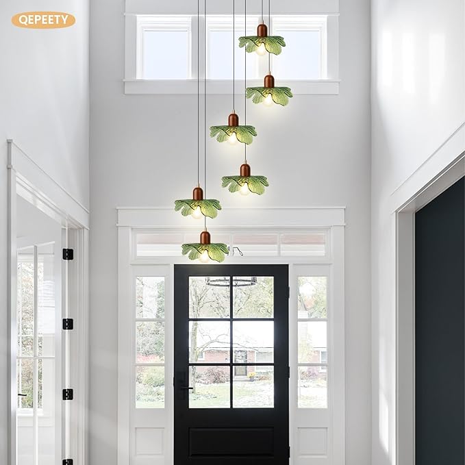 Long Chandelier for High Ceilings Flower Pendant Light 6-Lights Modern Black Chandelier Green Hanging Flush Mount Lighting Fixtures for Spiral Staircase Foyer Entryway Living