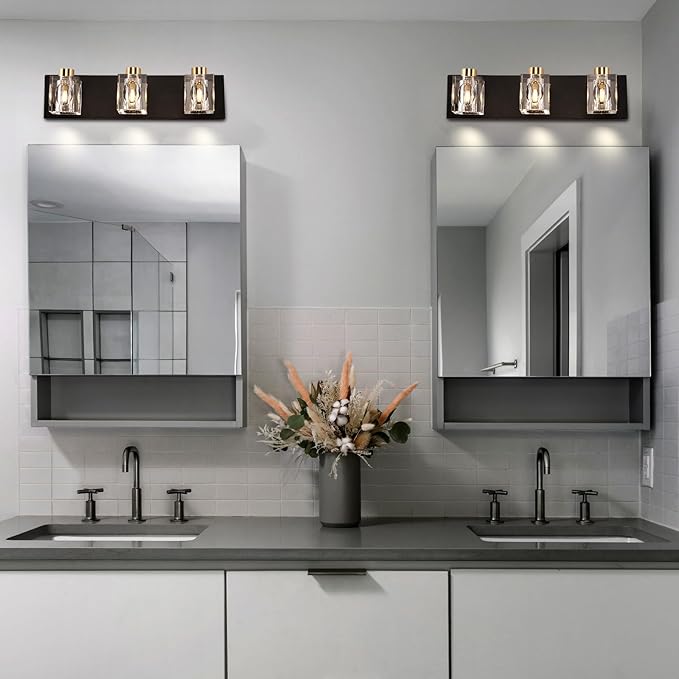 Modern Crystal Vanity Lights,3 Light Bathroom Vanity Light fixtures,Black and Gold Bathroom Lights Over Mirror,Wall Sconces Light for Bathroom,Hallway Bedside Stairway
