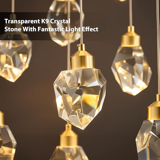Crystal LED High Ceiling Chandelier: Long Remote Dimmable 12 Gold Pendant Light Fixture - Spiral Drop Flush Mount Sloped Ceilings Modern Chandeliers For Entryway Living Room Foyer Staircase Entrance