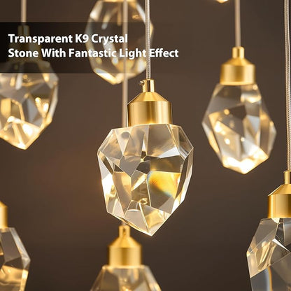 Crystal LED High Ceiling Chandelier: Long Remote Dimmable 12 Gold Pendant Light Fixture - Spiral Drop Flush Mount Sloped Ceilings Modern Chandeliers For Entryway Living Room Foyer Staircase Entrance