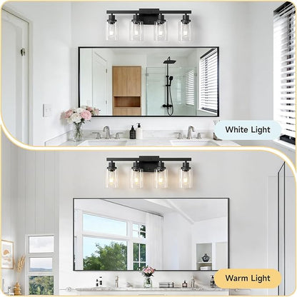 4-Light Bathroom Vanity Light, Modern Matte Black Wall Sconce Lighting with Clear Glass Shade, Bathroom Lighting Fixtures Over Mirror,Vintage Wall Mounted Lamps for Mirror Bedroom,Living Room