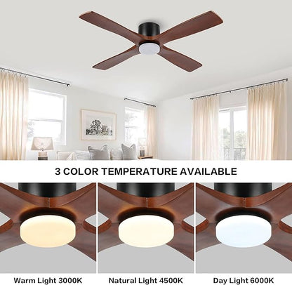WINGBO 54 Inch Flush Mount DC Ceiling Fan with Lights and Remote, 4 Reversible Carved Wood Blades, 6-Speed Noiseless DC Motor, Hugger Ceiling Fan in Matte Black Finish with Walnut Blades
