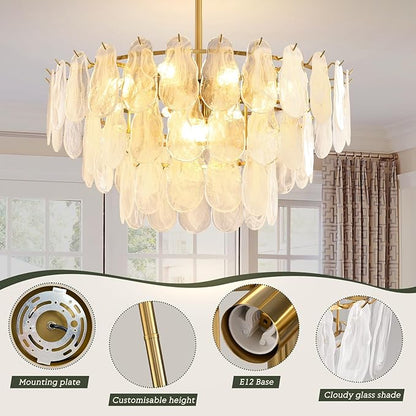 KELUOLY Modern Large Gold Chandeliers, D31.4 Inch Creative Cloud Glass Pendant Ceiling Fixture Lamp, 3 Tier Round Crystal Glass Chandelier, 12-Light for Living Room Bedroom Dining Room Entryway (E12)