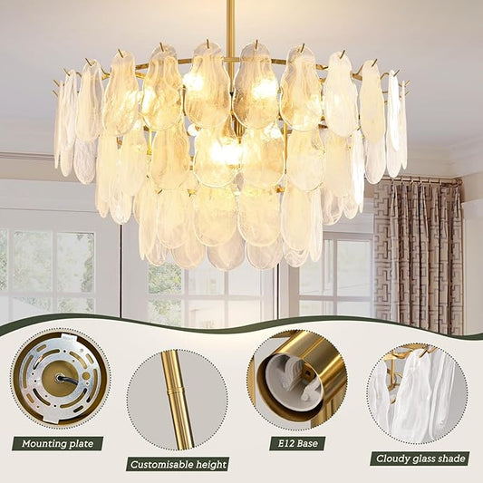 KELUOLY Modern Large Gold Chandeliers, D31.4 Inch Creative Cloud Glass Pendant Ceiling Fixture Lamp, 3 Tier Round Crystal Glass Chandelier, 12-Light for Living Room Bedroom Dining Room Entryway (E12)