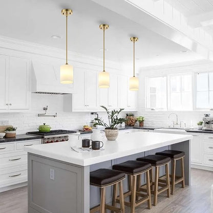 BYOLIIMA Modern Gold Pendant Light 3 Pack Brushed Brass Mid Century Chandelier White Cylinder Glass Shades Adjustable Rods Farmhouse Ceiling Hanging Lighting Fixture Kitchen Island Dining Room Bedroom