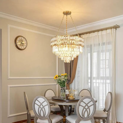 Modern Crystal Chandelier Gold Finish Light Fixture, Round Crystal Pendant Light Hanging Lamp, for Living Room, Dining Room, Restaurant, E12 x 11, Ø21.5 inch(V Shape)