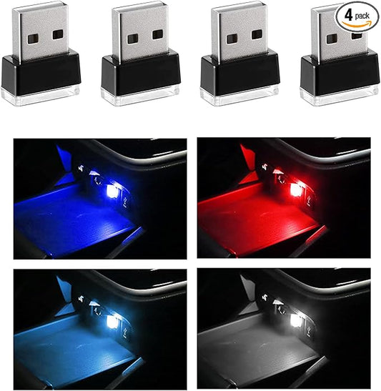 4 PCS USB LED Car Interior Atmosphere Lamp, Portable Mini LED Night Light, Plug-in USB Interface Trunk Ambient Lighting Kit, Universal Interior Car Accessories (Blue+Red+Ice Blue+White)