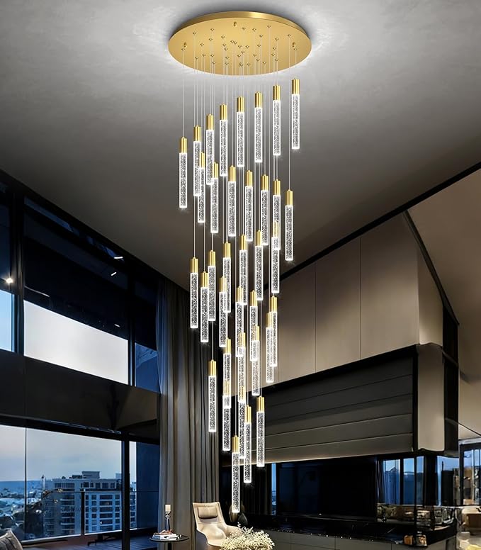 HAIXIANG 16 Foot Chandeliers for Living Room Entryway High Ceiling Light Fixtures Sloped Flush Mount Ceiling Pendant Lighting Dimmable Chandelier with Remote LED Crystal Pendants Lighting Gold Light