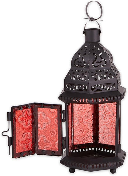 Zingz & Thingz Moroccan Style Candle Lantern Holder, Decorative Light Home Decor, Indoor & Outdoor, 10.25" Tall, Black with Red Glass