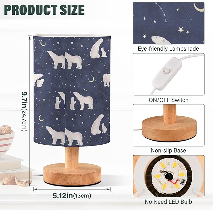 Polar Bear Constellation Star Crescent Pattern Table Lamp with Wood Base Fabric Lamp Shade Bedside Nightstand Desk Lamp for Living Room Bedroom Kids Room Office