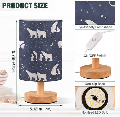 Polar Bear Constellation Star Crescent Pattern Table Lamp with Wood Base Fabric Lamp Shade Bedside Nightstand Desk Lamp for Living Room Bedroom Kids Room Office