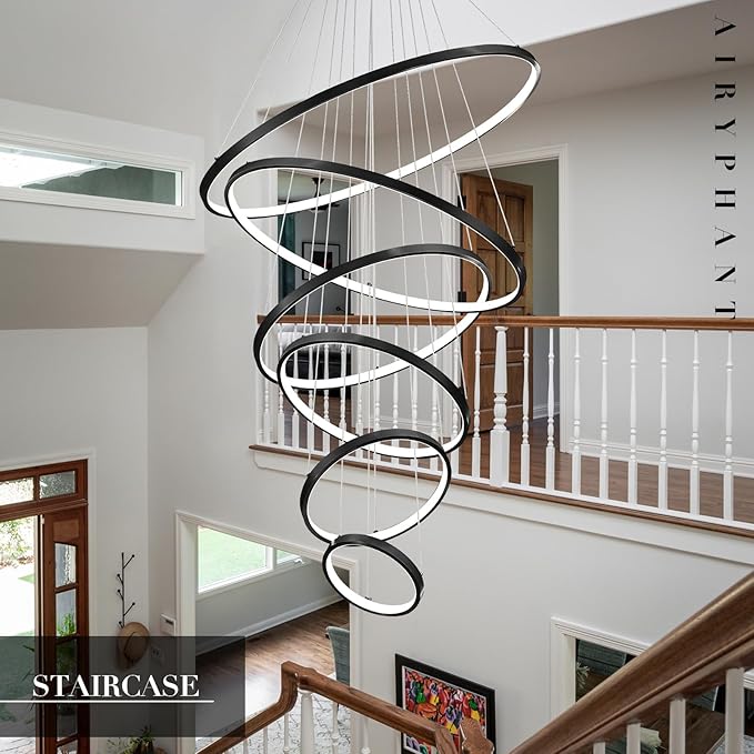 6 Rings Chandelier High Ceiling, Black Modern LED Chandeliers with Remote Control Large Foyer Chandelier Entryway Dimmable Pendant Light Fixture for Living Room Staircase, 3000-6500K