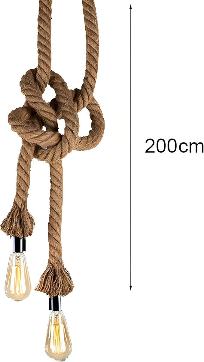 2 Head 2.5 Meter Hemp Rope Vintage Ceiling Pendant Light Lamp Fixture E26/E31 Base,Retro Style for Dining Hall Restaurant Bar Lighting(Bulb not Included)