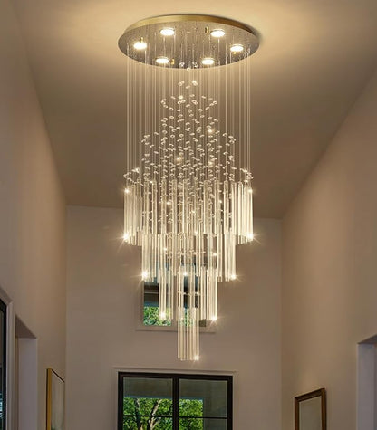 HAIXIANG W20 x H40 Crystal Glam Chandelier Long Light Chandeliers with Dimmable Light Bulbs High Ceiling Light Fixtures for Foyer Entryway Living Room Stair Gold