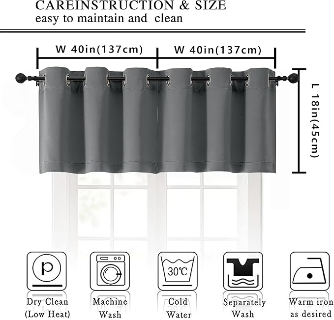Simplebrand Light Grey Kitchen Valances for Windows 18 Inches Long 2 Pack, Room Darkening Window Valances for Living Room, Grommet Short Straight Drape Kitchen Curtains for Bedroom Kids Room, 40Wx18L