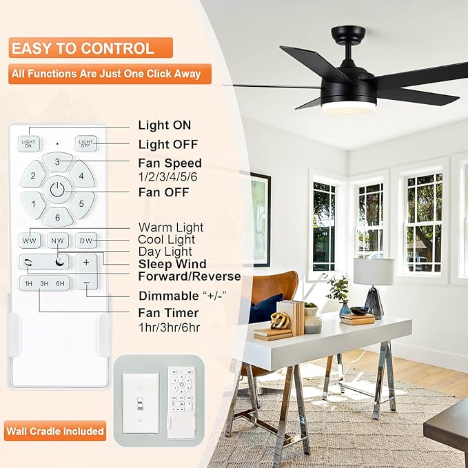 YUHAO 52 Inch Black Ceiling Fan with Light and Remote Control.Noiseless,Dimmable,3CCT,6 Speeds Reversible, DC Ceiling Fans for Indoor or Covered Outdoor Use.ETL Listed