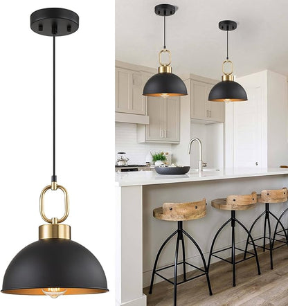 2 Pack Black Pendant Lights Kitchen Island, 10'' Farmhouse Industrial Pendant Light Fixtures, Adjustable Height Modern Dome Hanging Light for Kitchen Dining Room Entryway Bar