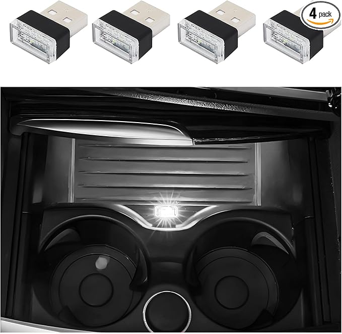 Dickno 4 PCS USB LED Car Interior Atmosphere Lamp, Portable Mini LED Night Light, Plug-in USB Interface Trunk Ambient Lighting Kit, Universal Vehicle Interior Accessories (White)