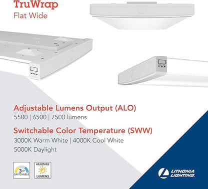 Lithonia Lighting TruWrap 4 Foot LED Ceiling Light Fixture, Low-Profile Wraparound LED Shop Light, Adjustable Lumens, Selectable Warm White/Cool White/Daylight Color, Flat Diffuser, Wide Width