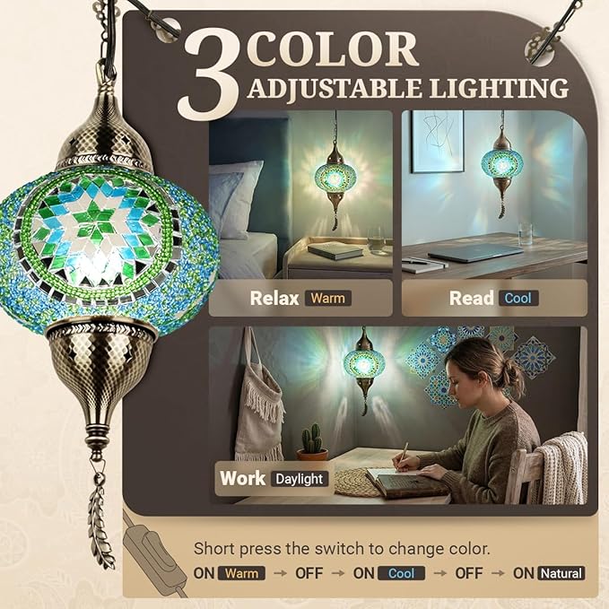 Turkish Moroccan Mosaic Pendant Light - Handcrafted Tiffany Style Swag Lamp with 15ft Cord, Vintage Glass Ceiling Fixture for Mediterranean Decor (Green1)