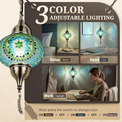 Turkish Moroccan Mosaic Pendant Light - Handcrafted Tiffany Style Swag Lamp with 15ft Cord, Vintage Glass Ceiling Fixture for Mediterranean Decor (Green1)