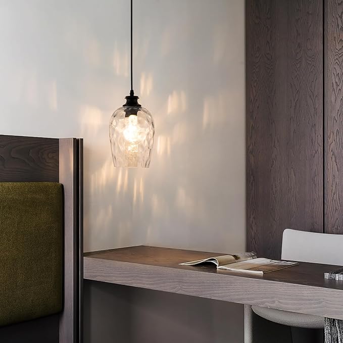 Modern Plug in Pendant Light with Dimmable Switch E26 Clear Rippled Glass Shade Hanging Lights with 16.4 Ft CordPlug in Hanging Lamp for Kitchen Island Bedroom Living Room （Bulb not Included）