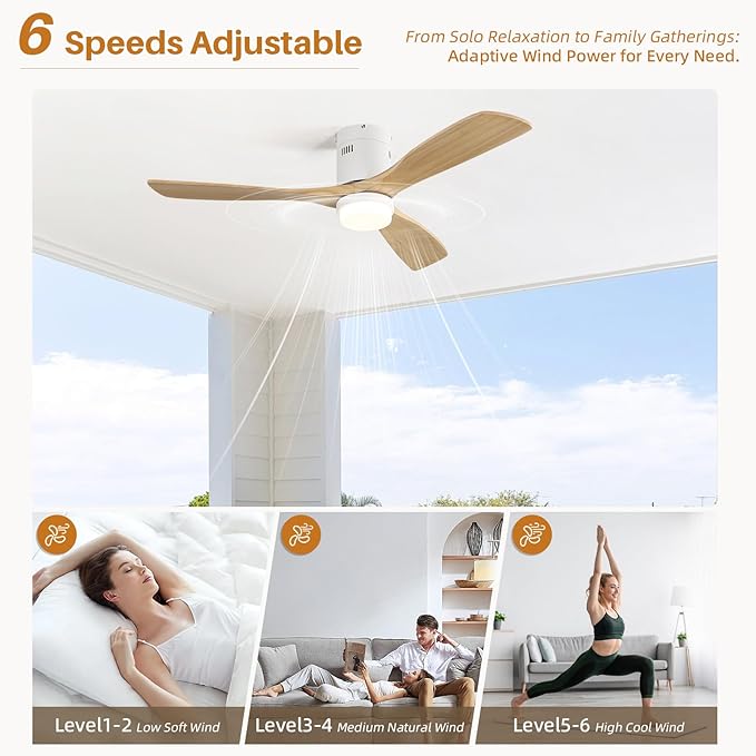 CACI Mall Smart 52 inch Wood Flush Mount Ceiling Fans with Lights and Remote, 3 Blades, Low Profile, Modern, Compatible with Alexa/Google/App, Outdoor Indoor Ceiling Fans for Bedroom/Farmhouse/Patio