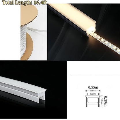 Silicone LED Channel System, 16.4Ft/5M Through Free White 10x10mm DIY LED Neon Rope Light IP67 Waterproof Tube for 5mm Strip Lights Installation for Indoor Outdoor Ambient Decor