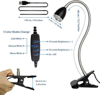 Desk lamp Eye-Caring Table Lamps, 360°Rotation Gooseneck Clip on Lamp Reading Light, Portable Reading Book Light, Clamp Light, Study Desk Lamps for Bedroom and Office Home Lighting (Black with Dimmer)