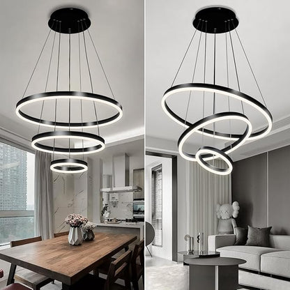 Modern LED Pendant Light, Black Circular Chandelier Fixture, Adjustable Height Circular Entrance Pendant Light, Suitable for Restaurants, Kitchens, Islands, Living Rooms, Cafes, Etc. (4000K)