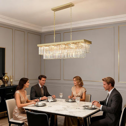 Weesalife Crystal Chandeliers for Dining Room Light Fixtures Over Table，15-Lights Gold Modern Rectangle Chandeliers for Kitchen Island Bar
