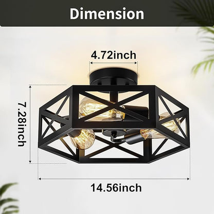 Rustic Foyer Lighting Fixtures, Industrial Semi Black Hexagon Black Farmhouse Kitchen Lighting Fixtures Ceiling for Bedroom Hallway Bathroom 14.5 in