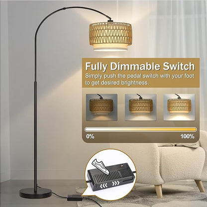 Rattan Floor Lamp, Dimmable Arc Floor Lamps for Living Room, Boho Farmhouse Standing Lamp with Adjustable Head, Tall Pole Lamp Reading Light for Bedroom, Over Couch, Office, 9W LED Bulb Included