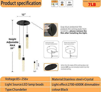 3-Light Pendant Lights Kitchen Island Black Crystal Column Chandelier Modern Dimmable LED Pendant Light for Dinning Room Living Room