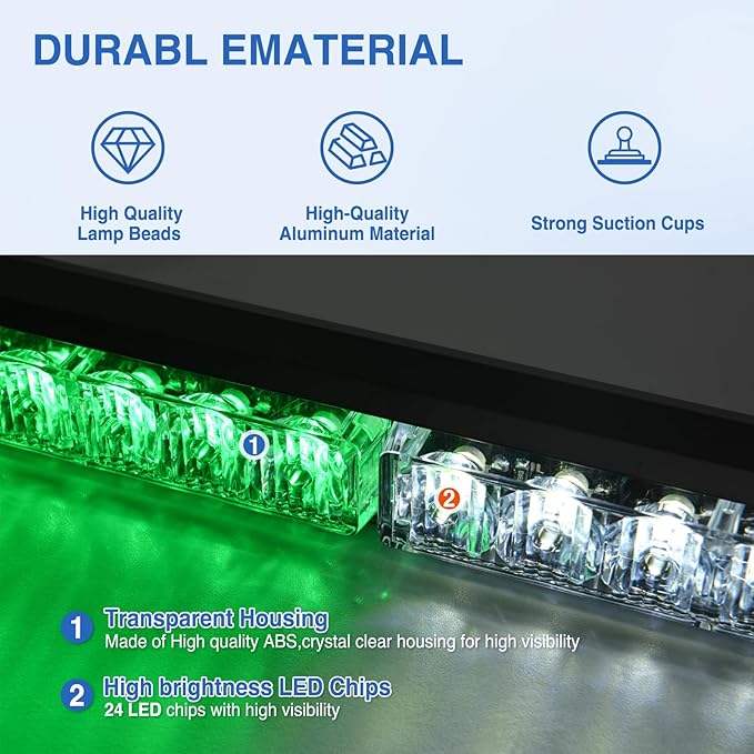 Nilight 24LED Emergency Strobe Traffic Advisor Light Bar 2 in 1 Green White Dash Warning Safety Flashing Lights Front/Rear Windshield Construction Lights for Trucks Cars Plow Police Vehicles