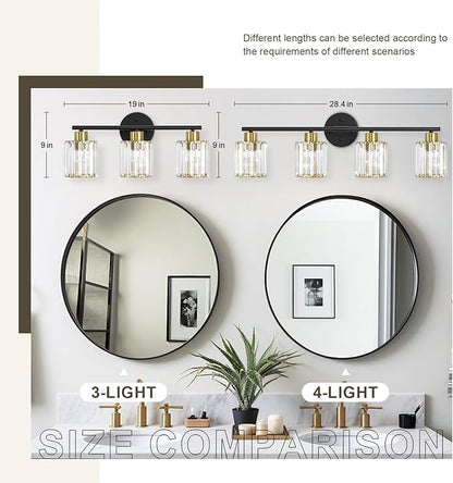 Crystal Bathroom Light Fixtures, Bathroom Lighting Fixtures Over Mirror, Modern Black Gold 4-Light Vanity Lights for Mirror, Restroom, Bedroom (Ceramic E26 Socket,Bulbs Not Include)