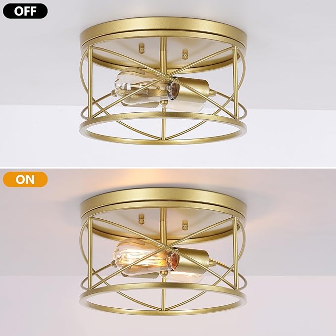 2-Light Flush Mount Ceiling Light Fixture, Industrial Modern Gold Ceiling Lamp, Vintage Farmhouse Light Fixture for Hallway, Bedroom, Dining Room, Living Room, Kitchen, Entryway