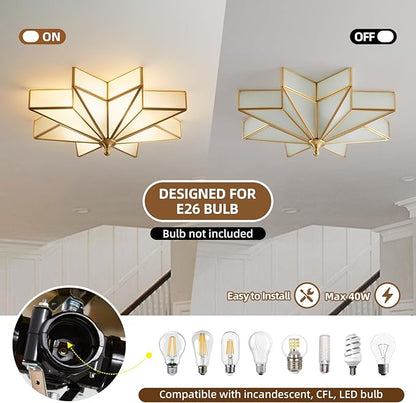 Star Brass Glass Ceiling Light - 19.7 In Large Gold Flush Mount Fixture - Art Deco Mid Century Vintage Modern Moravian Lighting Lights for Bedroom Dining Kitchen Foyer Farmhouse Living Room