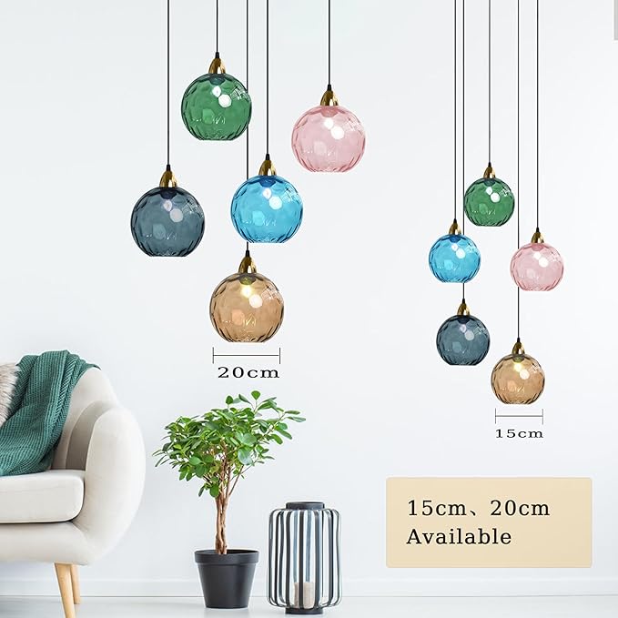 15cm/5.9’’ Industrial Vintage Spherical Glass Pendant Light, E26 Ceiling Hanging Lamp, Gold Finish & Ripple Glass Globe Shade, Dining Room Bedroom Chandelier (Azure Blue)