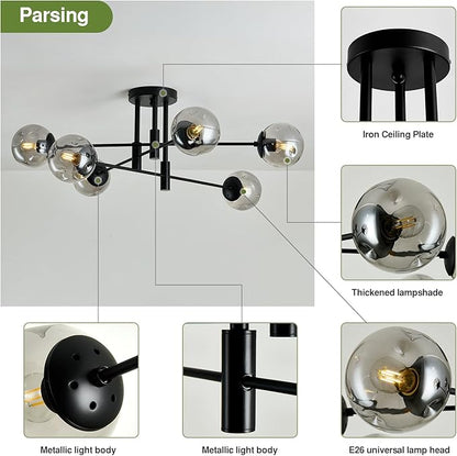 6-Lights Glass Globe Sputnik Chandelier Modern Flush Mount Ceiling Light Fixture Black Farmhouse Lighting for Dining Room Living Room Bedroom Kitchen Passageway.