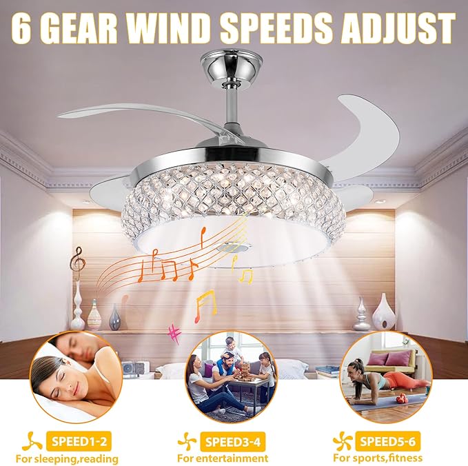 42" Invisible Ceiling Fan Chandelier with Light and Bluetooth Speaker,Modern 3 Color Change Crystal Ceiling Fan Light Remote Control 4 Retractable ABS Blades for Bedroom
