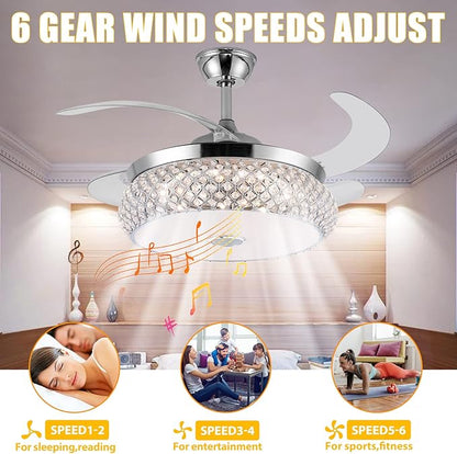42" Invisible Ceiling Fan Chandelier with Light and Bluetooth Speaker,Modern 3 Color Change Crystal Ceiling Fan Light Remote Control 4 Retractable ABS Blades for Bedroom
