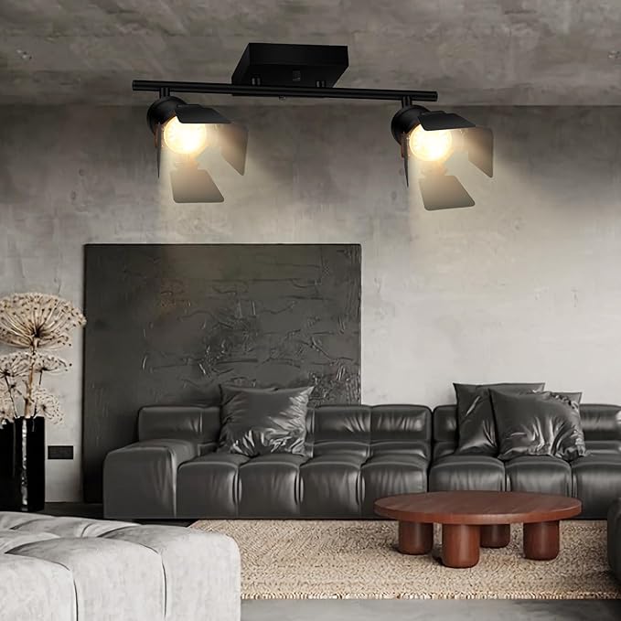 2 Light Track Lighting Fixtures Ceiling, Black Track Lighting with Upgrade Lamp Heads, 2 Way Track Lights Ceiling, Vintage Industrial Track Light for Kitchen/Bar/Boy's Room,GU10 Bulb Not Included