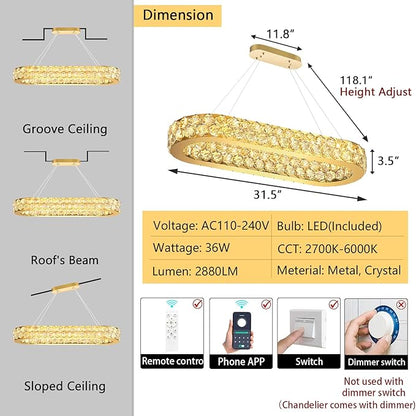 32'' Modern Oval Chandelier Crystal Chandeliers for Dining Room Round Ceiling Light Fixture for Living Room Lighting LED Dimmable with Remote Ring Lights Gold