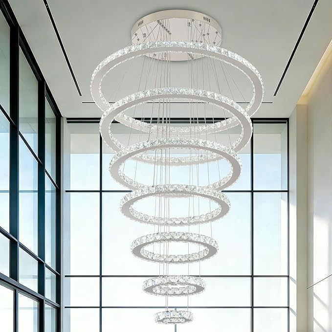 Finktonglan 7-Ring Crystal LED Chandelier, Cool White 6000K Modern Pendant, Adjustable Height up to 118", K9 Stainless Rings (Ø5.9–29.5"), Non-Dimmable Foyer Stair Ceiling Light