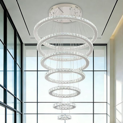 Finktonglan 7-Ring Crystal LED Chandelier, Cool White 6000K Modern Pendant, Adjustable Height up to 118", K9 Stainless Rings (Ø5.9–29.5"), Non-Dimmable Foyer Stair Ceiling Light
