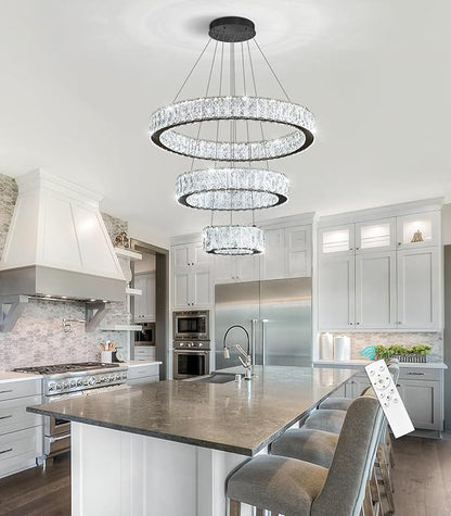 Modern Crystal Chandelier 36W Dimmable LED Ceiling Light Fixture with Remote Luxury Adjustable Pendant Light for Living Room Dining Room Black