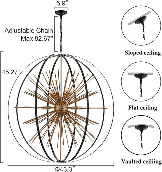 43.3" Black Gold Large Globe Sputnik Chandelier, 18-Light Mid Century Modern Starburst Golden Solid Metal Satellite Light Fixture for High Ceiling Living Room Dining Room Stairway, E12